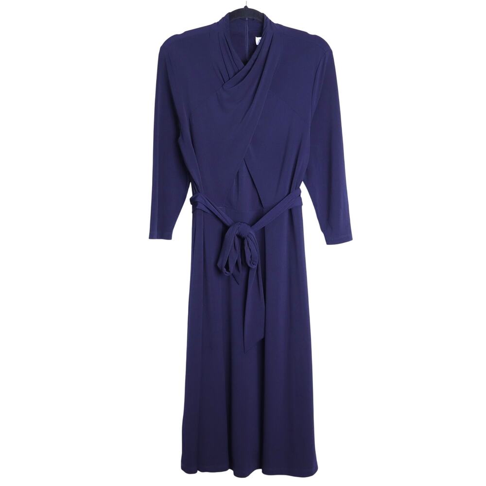 THE FOLD Wrap Belted Midi Dress Navy Blue Long Sleeve Women's 8